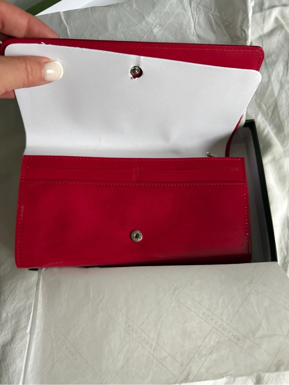 Longchamp Le Roseau Red Patent Leather Continental Flap Wallet Silver Hardware